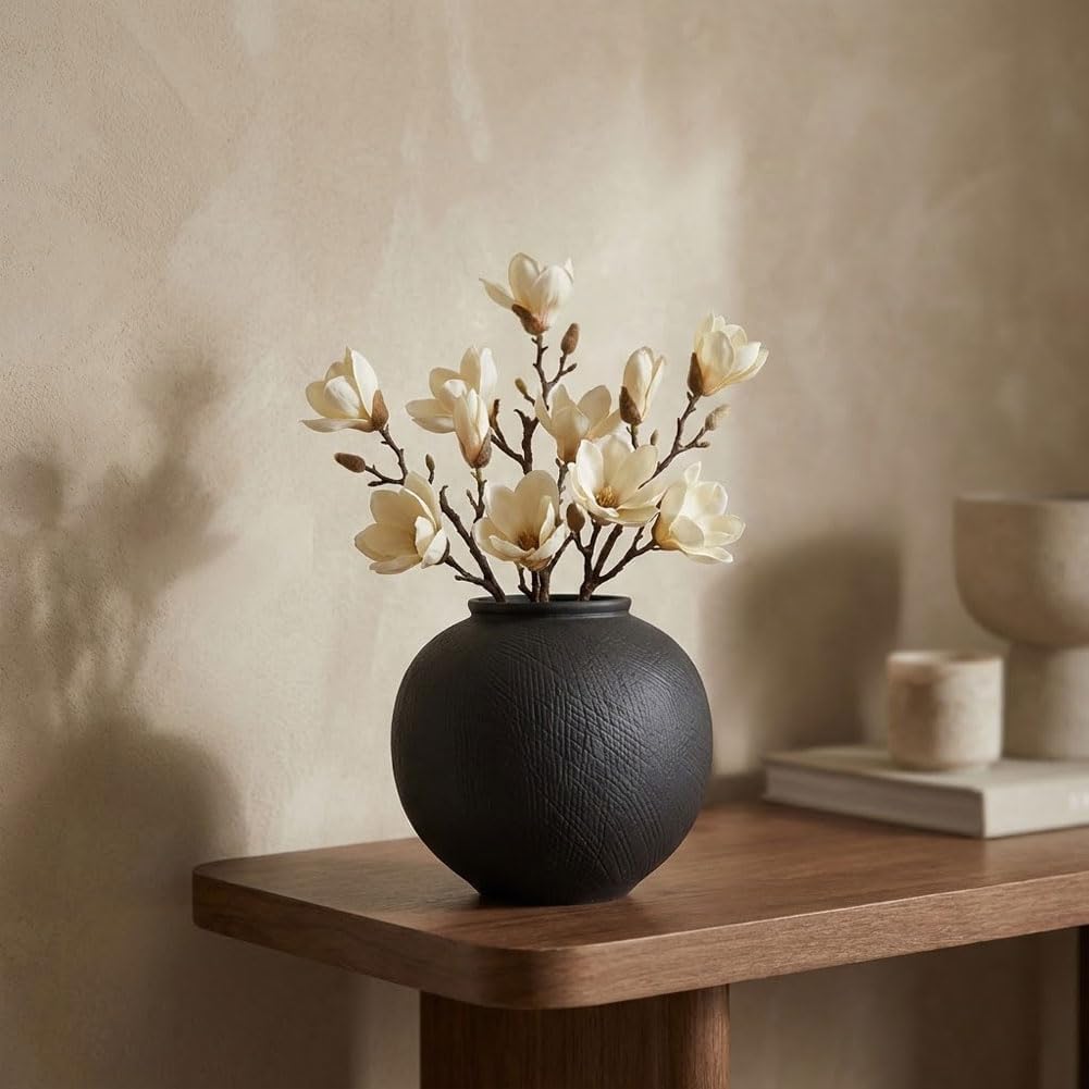 Small Blak Ceramic Vase - 6.1 Inch Small Black Round Vase, Rustic Farmhouse Vase for Home Decor, Dining Table, Shelf, Bedroom, Living Room, Kitchen, Office, Bathroom, Mantle, Centerpiece Décor