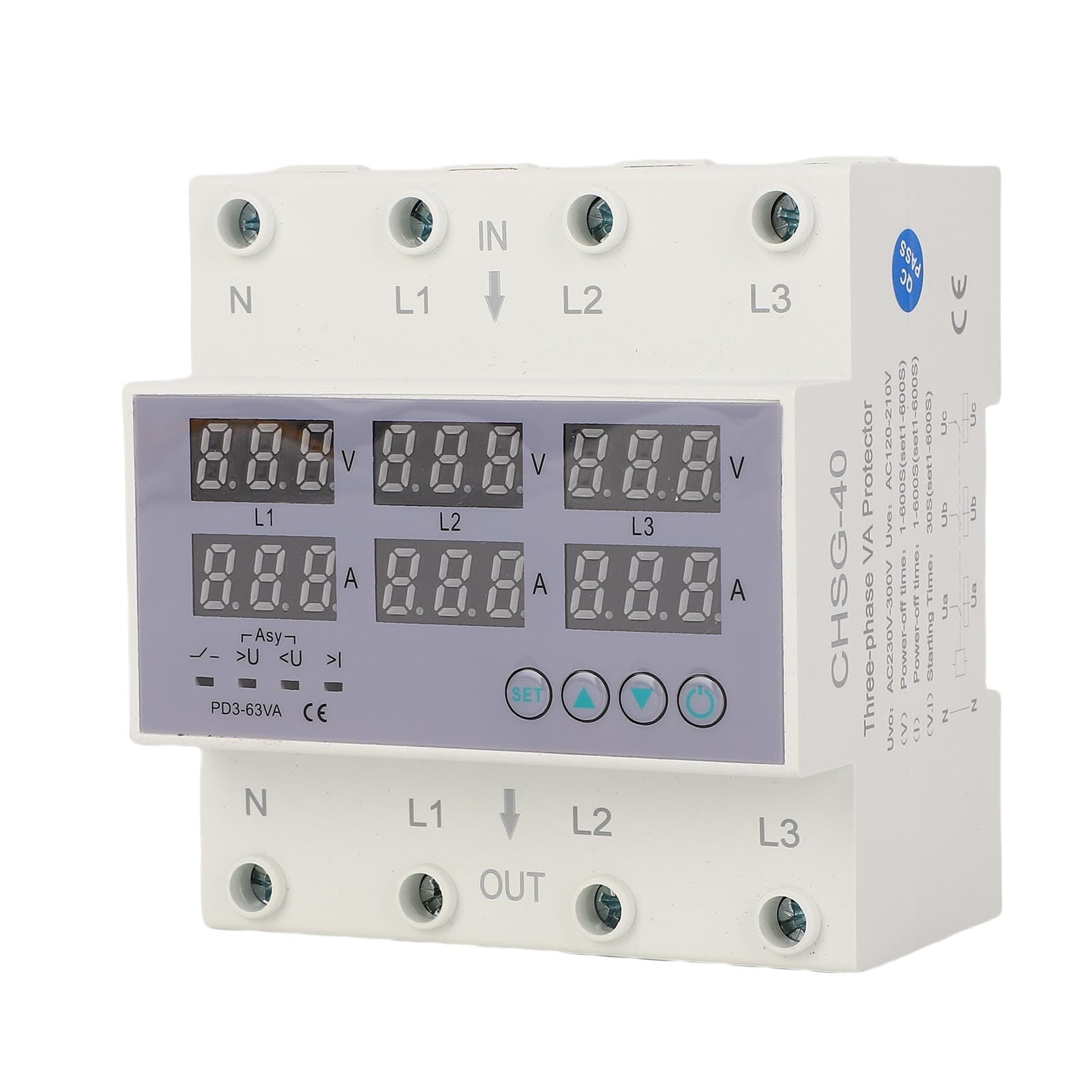 Tester Multifase per Voltmetro Amperometro su Guida DIN, Protezione da Sovracorrente Automatica da Sovratensione AC 390‑500V(40A)