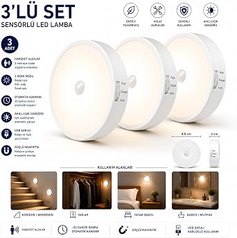 Sensörlü LED Lamba Seti – USB Şarjlı Hareket Sensörlü Gece Lambası, Manyetik Kablosuz Aydınlatma, Dolap, Merdiven, Yatak Odası ve Banyo İçin (3'lü Paket) [Enerji Sınıfı A]
