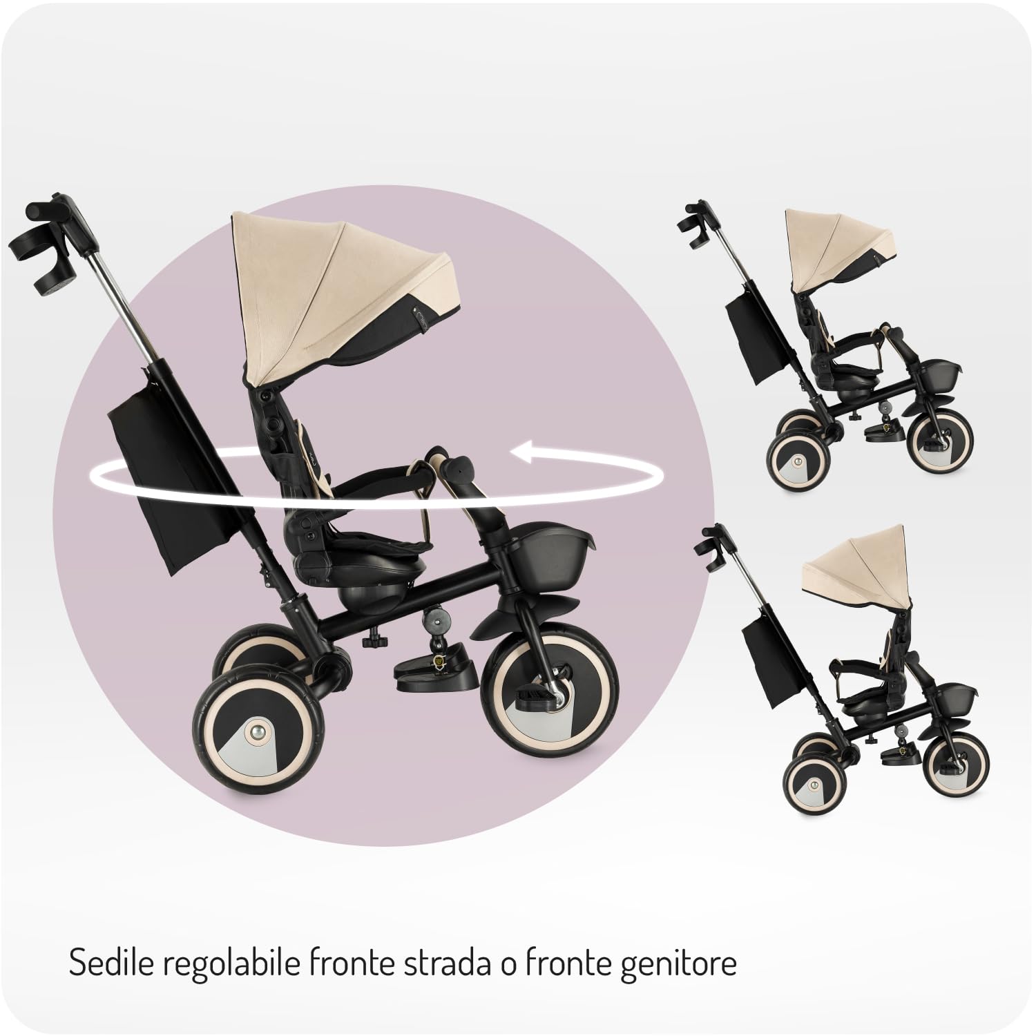 Triciclo per bambini MoMi IVI, seduta girevole 360°, cinture a 3 punti, poggiapiedi, tettuccio parasole, ruote EVA, manubrio regolabile, borsa e cestino portaoggetti