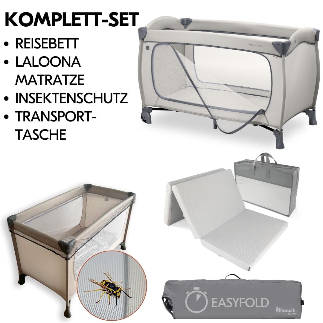 hauck Sleep N Easyfold Baby Reisebett Set- Dark Grey | inkl. Matratze & Insektenschutz | schnell faltbares Kinder Reisebett mit Rollen, Seiteneingang & Transporttasche