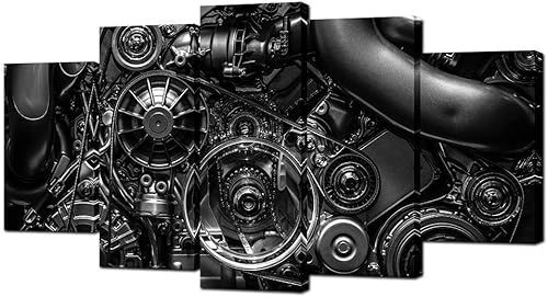 VVOVV Wall Decor - Impresiones en lienzo de 5 piezas de equipo de ingeniería de motor y cadena, fotos en blanco y negro, arte de pared, decoración