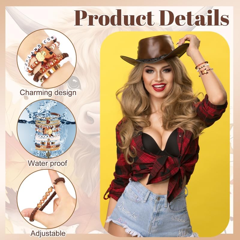 Leitee 10 Pcs Highland Cow Gifts for Women Heishi Surfer Bracelet Polymer Clay Stretch Bracelets Jewelry Party Favor Supplies - Image 3