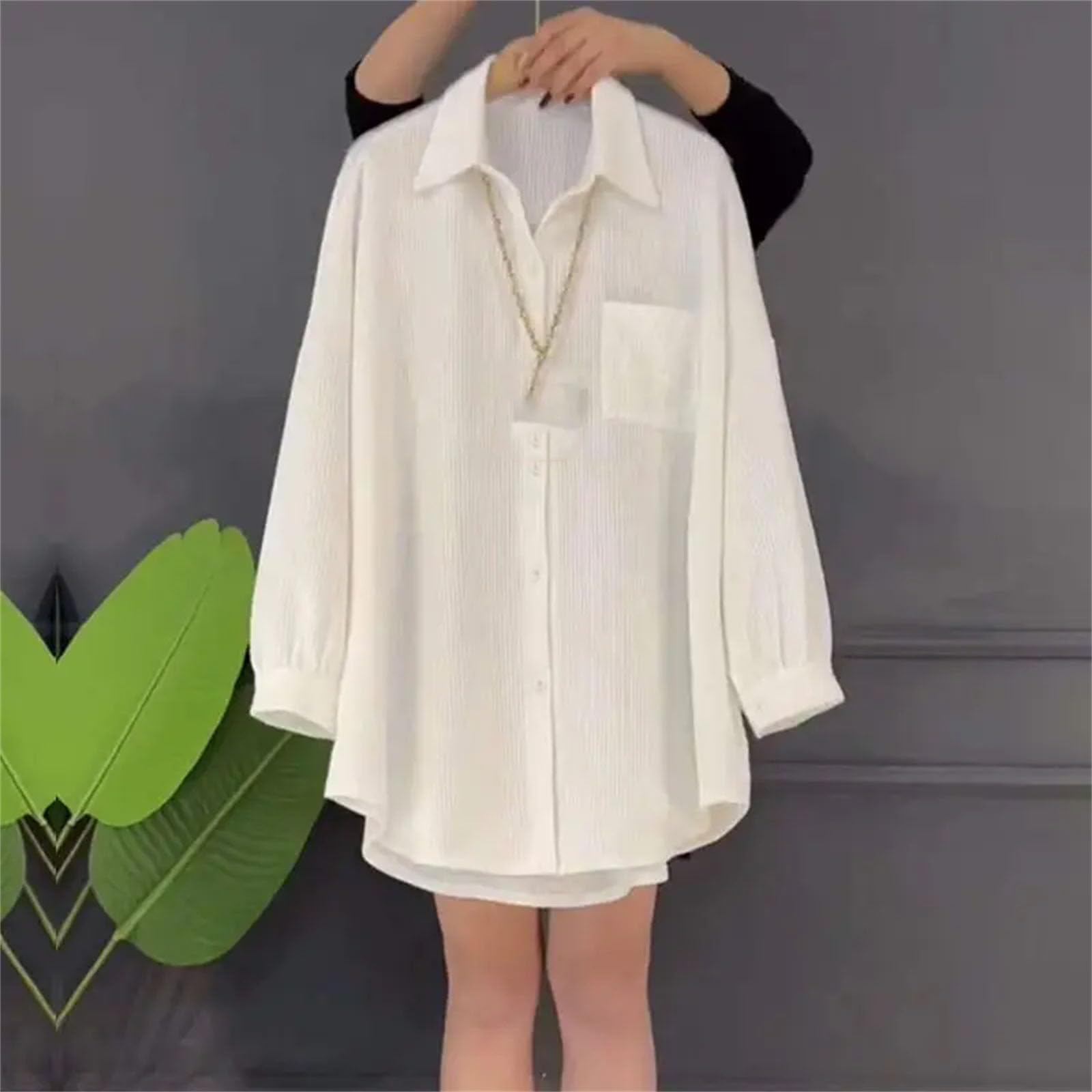 Blusa holgada de color sólido para mujer, con bolsillos, informal, con solapa de un solo botonadura