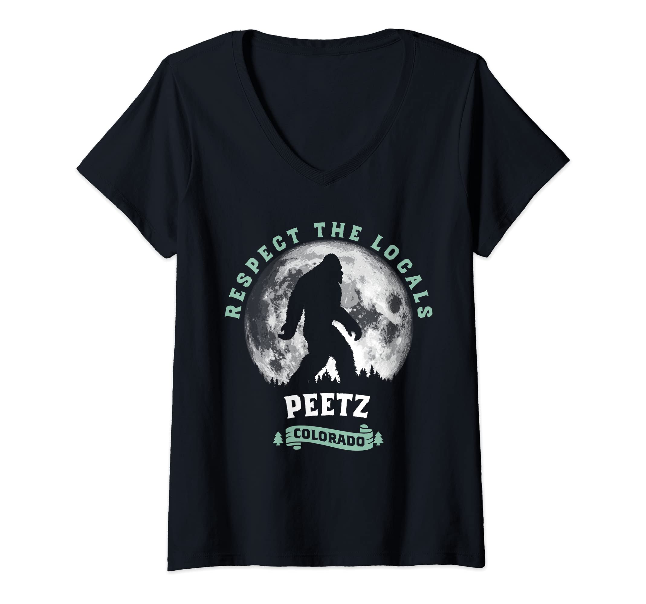 Womens Peetz Colorado Bigfoot Night Walk Retro Sasquatch V-Neck T-Shirt