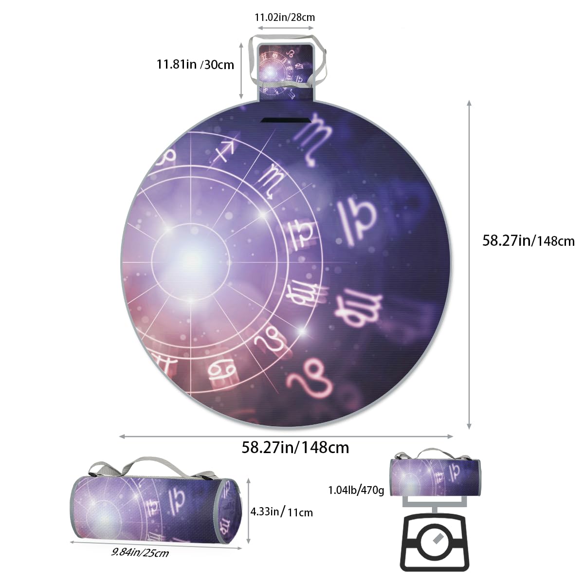 Shimoshe Galaxy Constellation Picnic Outdoor Blanket Foldable Waterproof Sandproof Beach Blanket Portable Water-Resistant Round Picnic Mat for Travel Camping Park Lawn