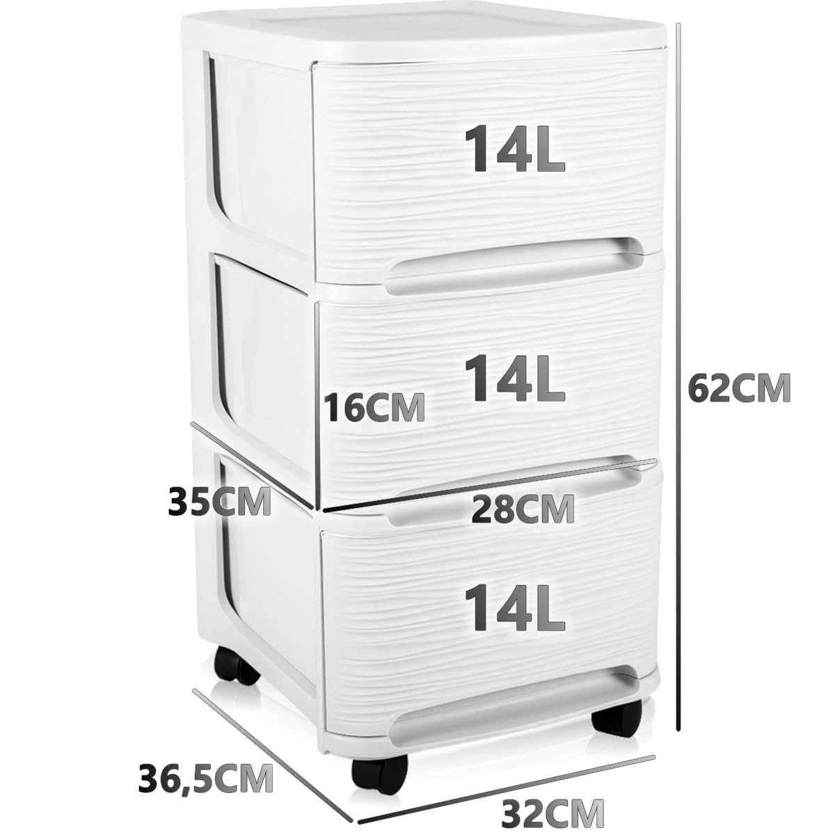 Schubladenschrank mit Rollen Rollcontainer mit 3 Schubladen Rollschrank Kunststoff Rollwagen (Weiß)