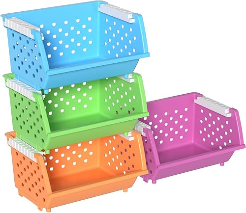Paquete de 4 cestas de almacenamiento de plástico apilables, contenedores de almacenamiento frontales abiertos