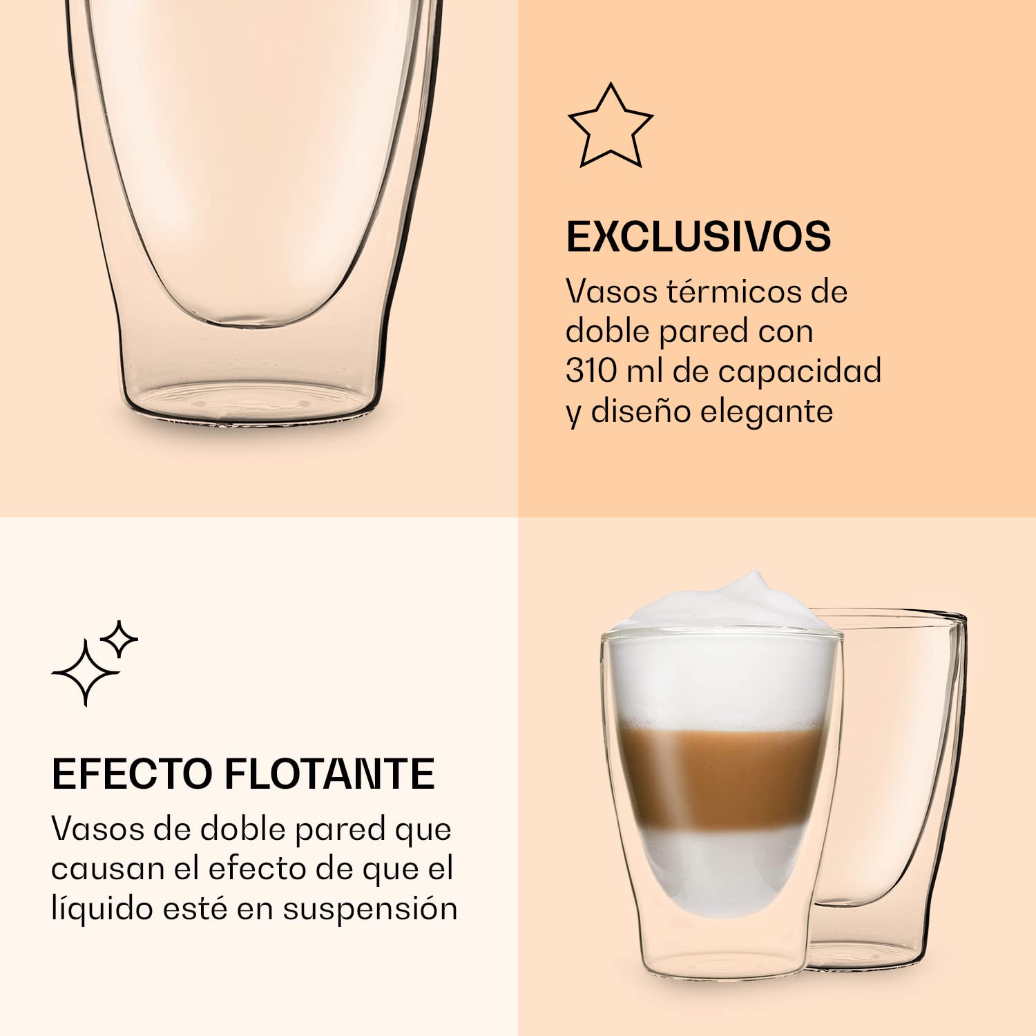 DUOS® Tazas de Café Doble Pared (2x 310ml) - Vasos de Cristal para Té y Café