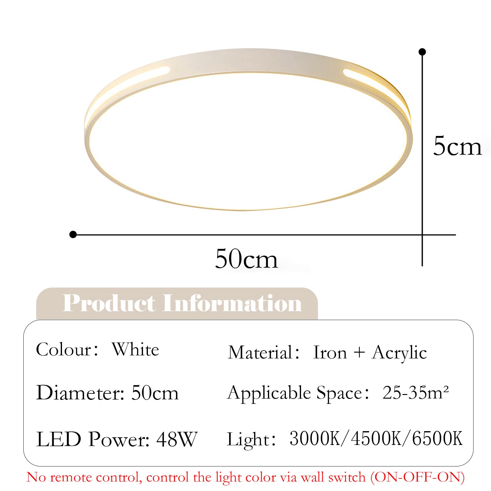 Lampa sufitowa LED o mocy 48 W do kuchni, salonu, sypialni, przedpokoju i nie tylko, biała, czarna, lepsze oświetlenie Oświetlenie LED rozpraszające ciepło Oprawa sufitowa Oświetlenie-White||50cm