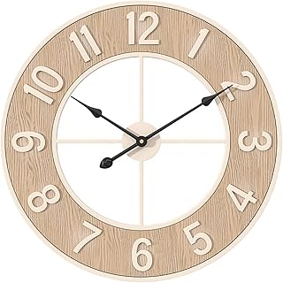 60 cm Horloge Murale, Ronde en Pendules Murales Décorative Vintage en Métal Grain de Bois Silencieuse sans Tic-tac avec Chiffres Arabes pour Maison, Ferme, Bureau