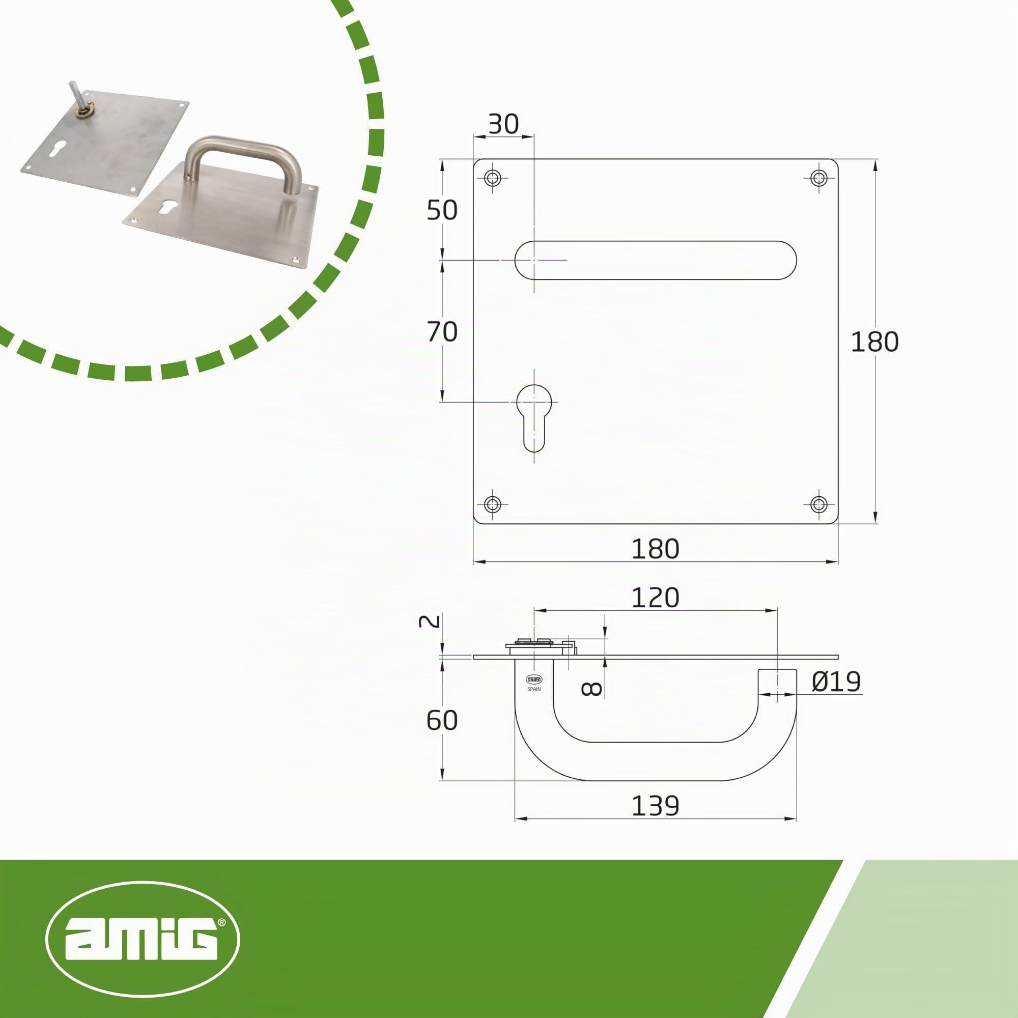 Amig - Juego de Manillas con Placa para puerta - Maneta con Bocallave a 70mm - Mod. 3CB70 - Acero inoxidable 18/8-180 x 180 mm - Cuadradillo de 8 mm - Plateado mate