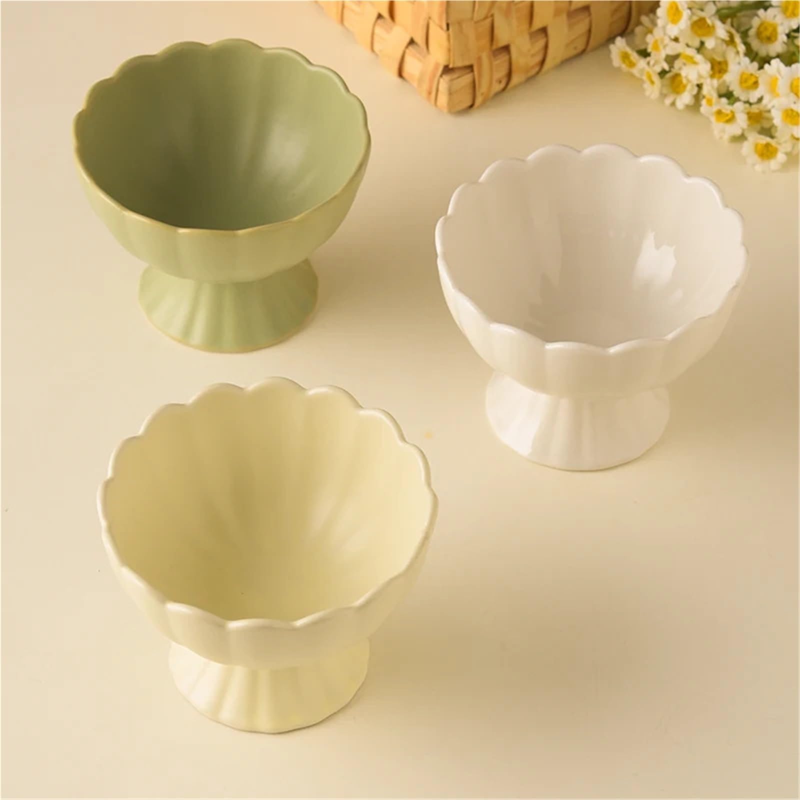 Coppe Gelato Ciotola in Ceramica con Gamba Alta da 2 Pezzi, Ciotola da Dessert da 200 ml/7,5 Once, utilizzata for frullati, marmellata, Ciotole for Gelato per Dessert(Yellow)