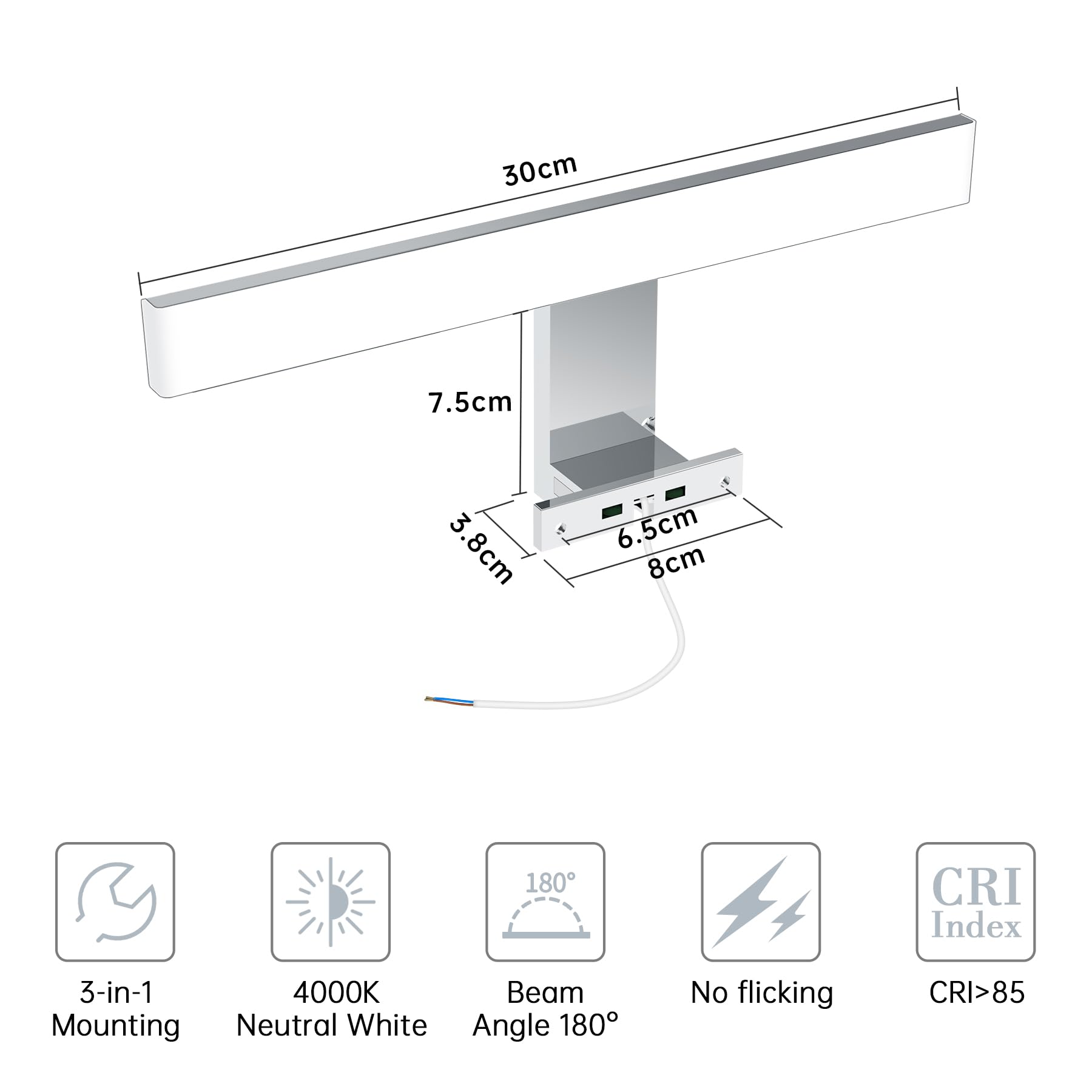 Aogled Led Specchio Luce Bagno 30 cm 5W 500LM 230V Bianco Neutro 4000K, Acciaio Inox Slim Luce Specchio Bagno, Piastra di Fissaggio su Specchio/Armadio/Parete Illuminazione 300mm