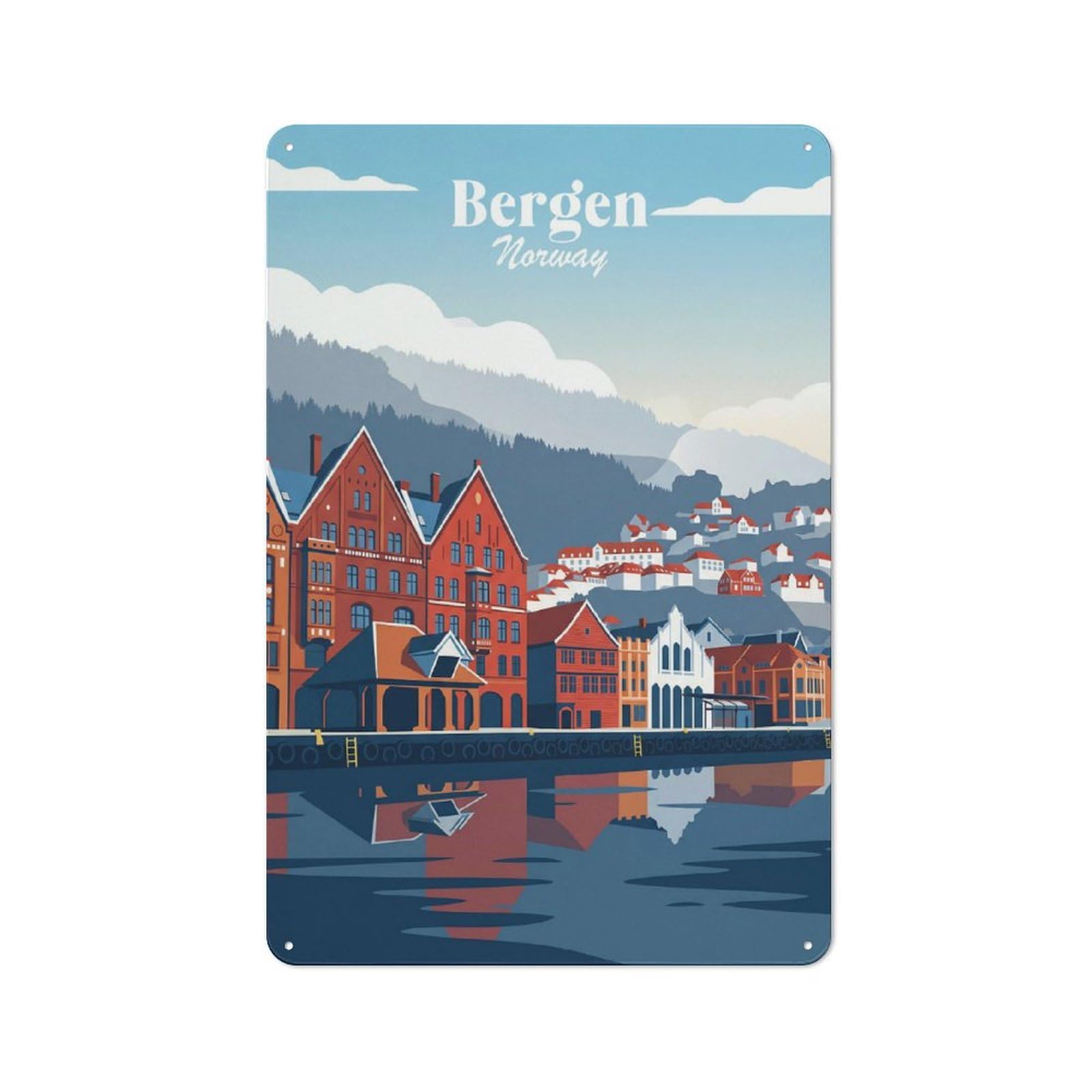 Junmoney Style-18 Bergen Norway Vintage Tin Sign 30X20cm For Café Or Restaurant, Suited To Café Owners And Decorators