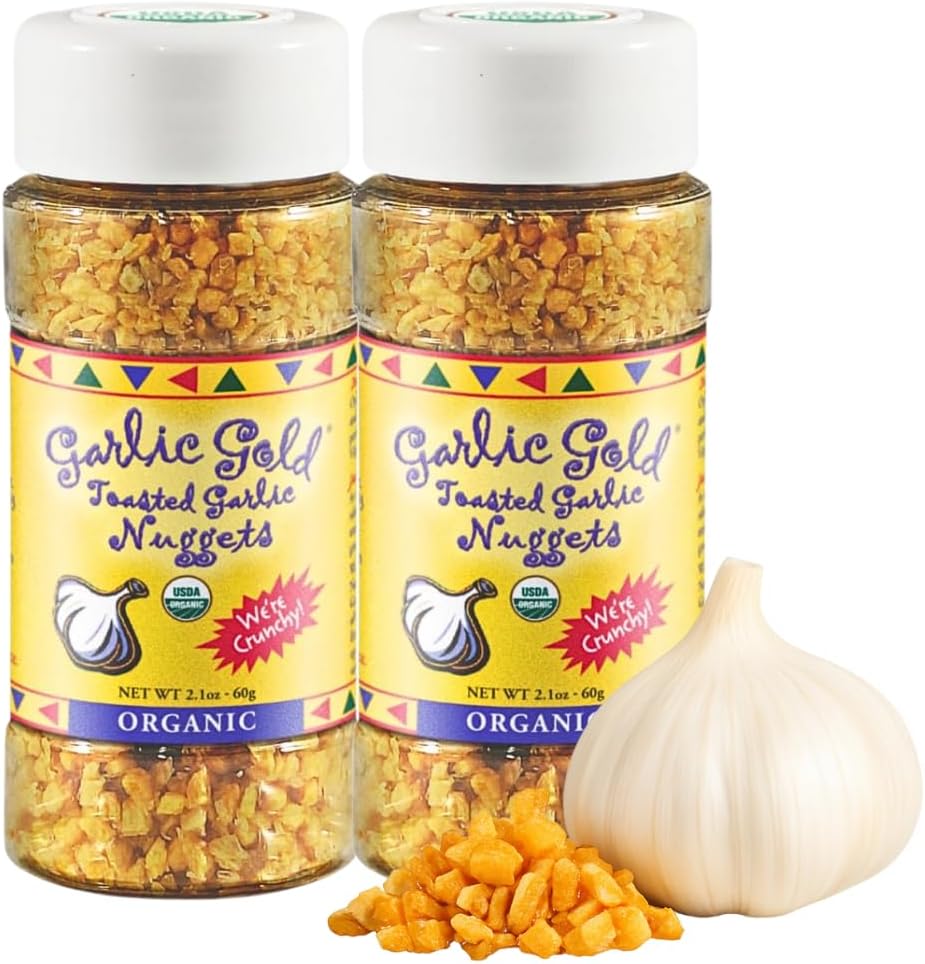 Garlic Gold Toasted Nuggets, Crunchy Roasted Garlic Seasoning, USDA Certified Organic Salad Topper, Keto Paleo Friendly (2.1 Ounces, 2 Pack)