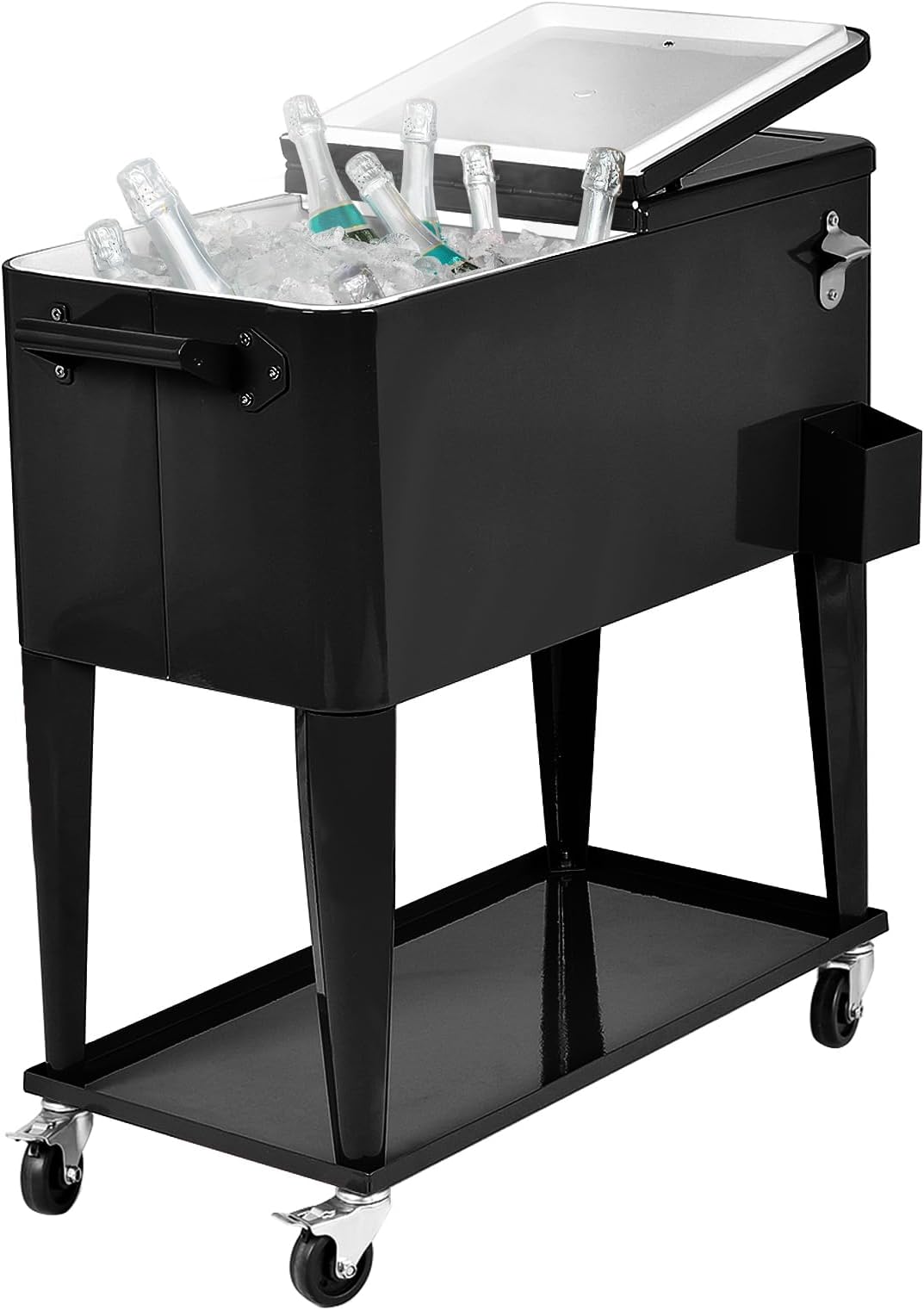 80-Quart Rolling Ice Chest, Stainless Steel Beverage Cooler Cart with Wheels, Bottle Opener & Drainage Hole, Bar Party Drink Ice Bucket Trolley(Black, with Shelf)