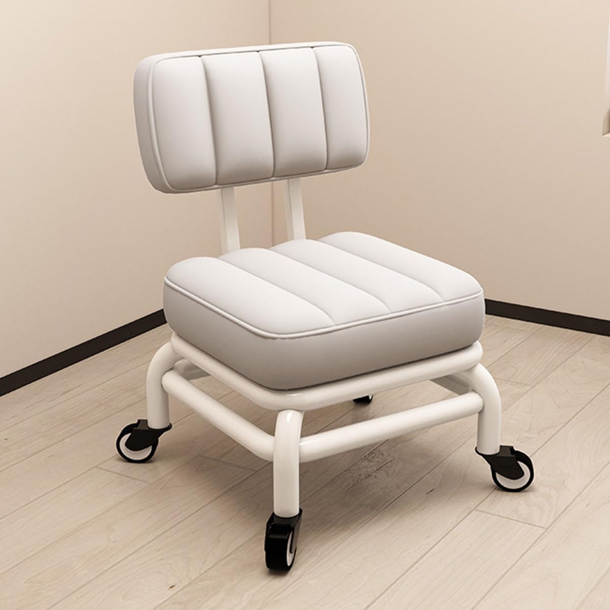 HIQACTLIF Low Rolling Stool With Back Support, Soft PU Leather Metal Frame 360 Degree Swivel Bearing Wheels, Short Rolling Stool For Home Garden Massage Office Garage Shop