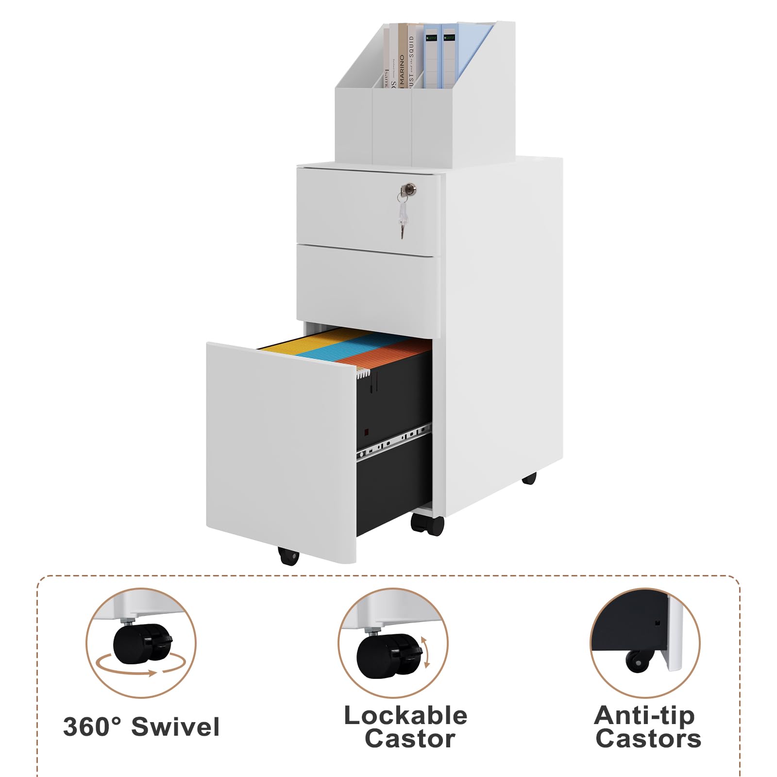 WOLTU Caisson de Bureau Mobile, Meuble de Rangement pour Dossiers Suspendus Format A4, Caisson sur roulettes, Armoire Documents avec 3 Tiroirs Verrouillables, en Métal, Blanc, 30x45x60 cm, ASK10ws