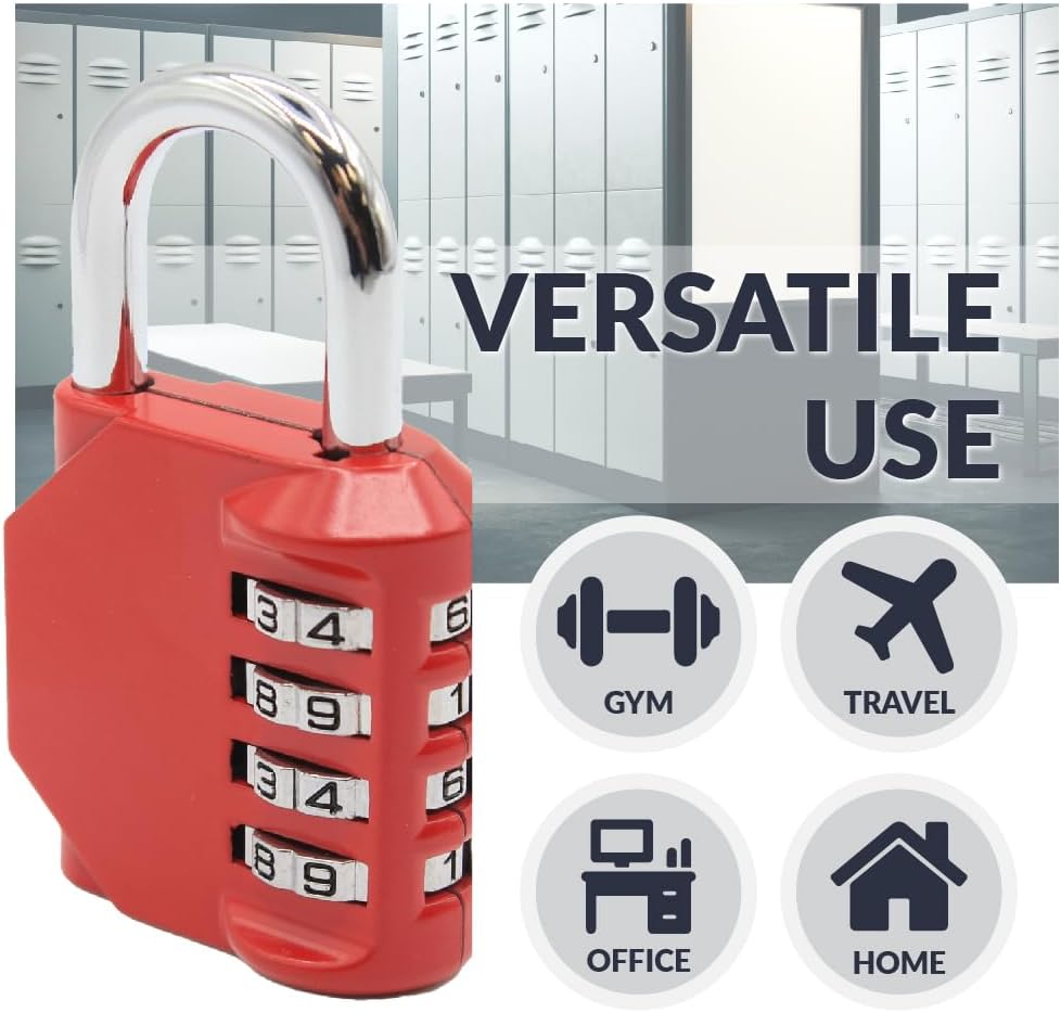 Newhouse Hardware Improved 4-Digit Combination Lock | Outdoor Waterproof Padlock for School, Gym Locker, Sports Locker, Fence, Toolbox, Gate, and Travel | Customizable 4-Digit Lock Combo | Red