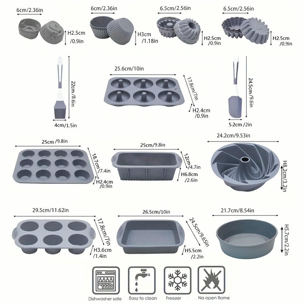 Juego de moldes para Hornear de Silicona de 33 Piezas NYSDM Incluye Bandeja Cuadrada, Molde para Pan, Molde para Pasteles Redondos Savarin, Bandeja para Muffins, Herramientas de Color nórdico