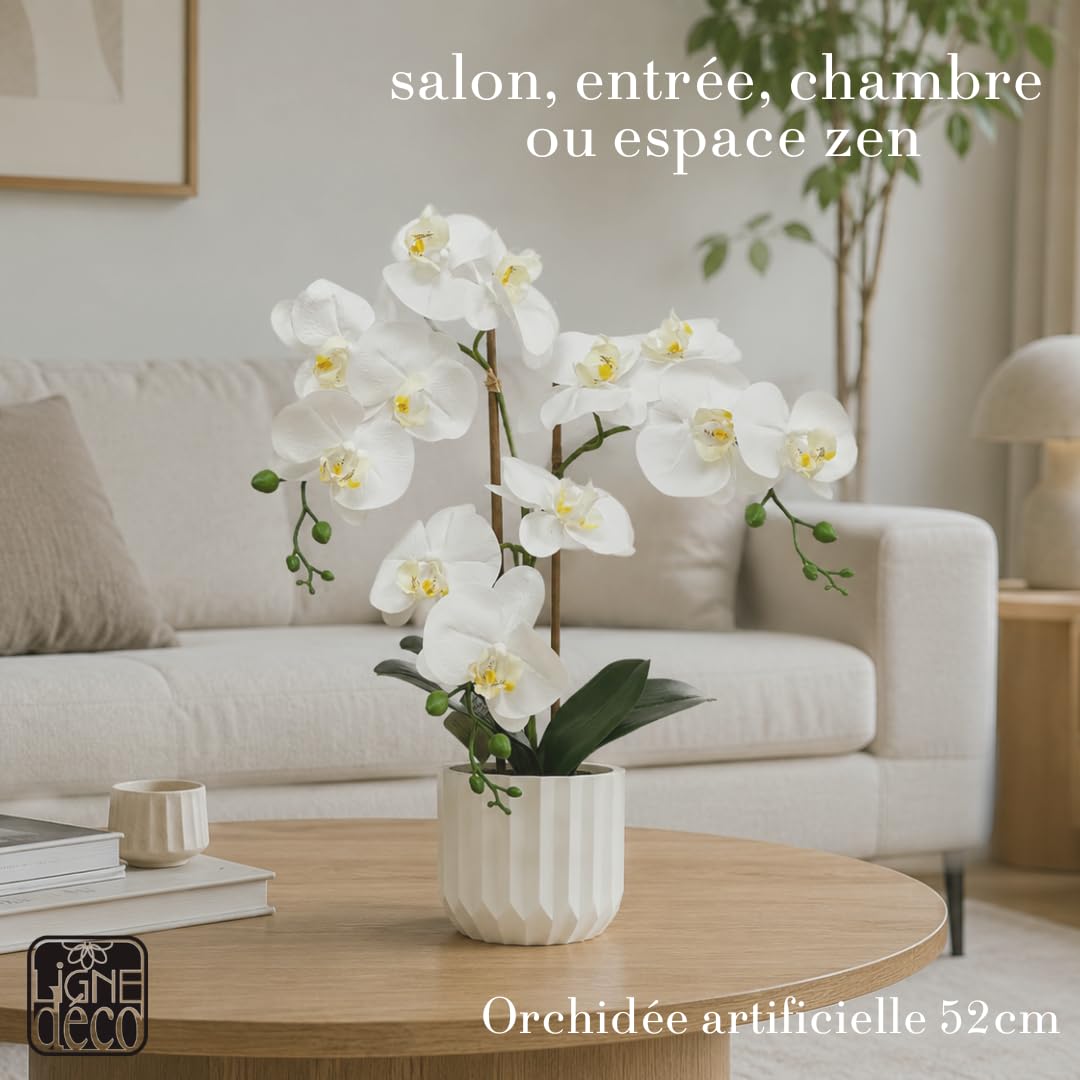 Ligne Déco - Orchidée Artificielle 52cm | Pot Plastique Blanc Intérieur Imitation Terre