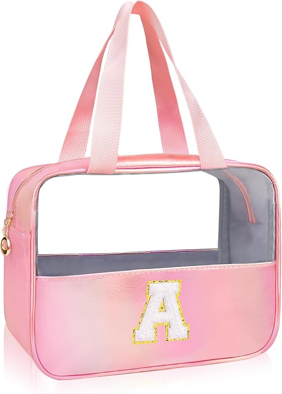 Necessaire transparente rosa Junesters com inicial personalizada, zíper e detalhes em chenille