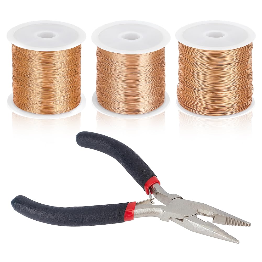 BENECREAT 984Ft 3 Rolls Real 14K Gold Plated Copper Wire for Jewelry Making, 26 28 32Gauge Craft Wire with Flat Nose Pliers for Beading and DIY Crafts, 328Ft Each Roll