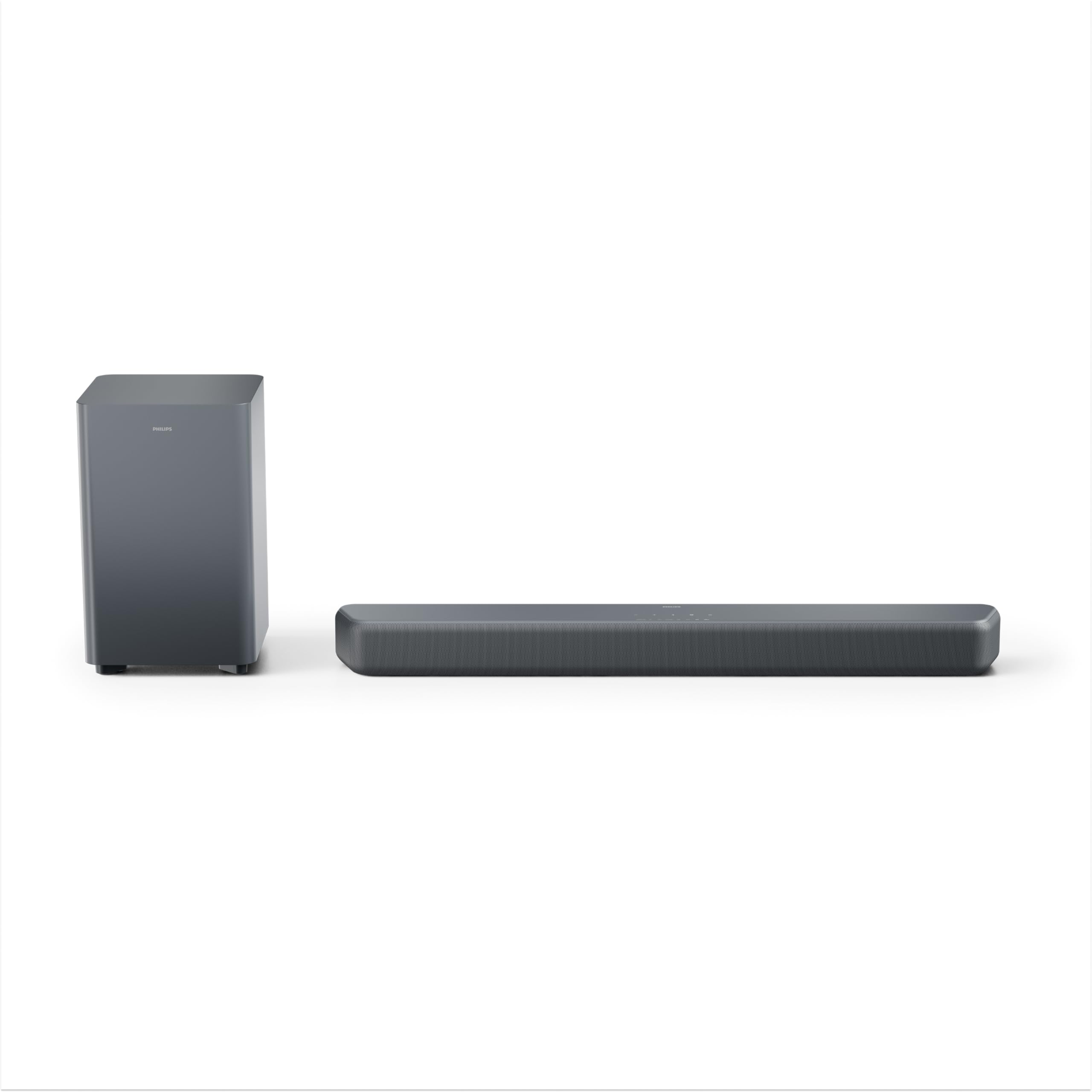 Philips TAB5601 Soundbar 2.1 z bezprzewodowym subwooferem, maks. moc wyjściowa 290 W, Dolby Digital Plus, DTS Virtual:X, Intellisound AI, Bluetooth LE 5.4, wejścia HDMI ARC, optyczne i USB – grafitowy