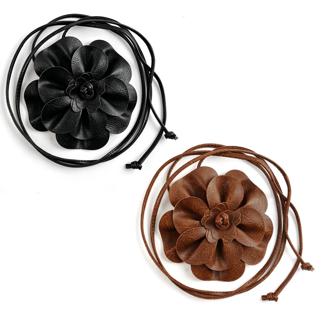 Boho PU Leather Flower Waist Belt with Straps for Women-image-45