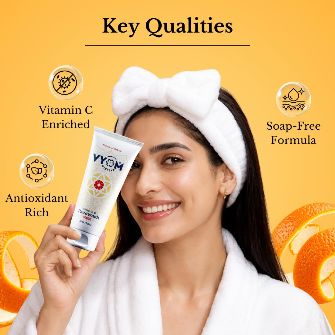 Vyom India Vitamin C Face Wash 100ml for Women & Men Orange Face Wash for Glowing & Hydrating Skin, Improves Skin Tone, Fades Dark Spots, Sulphate & Paraben Free 100% Organic & Natural 4