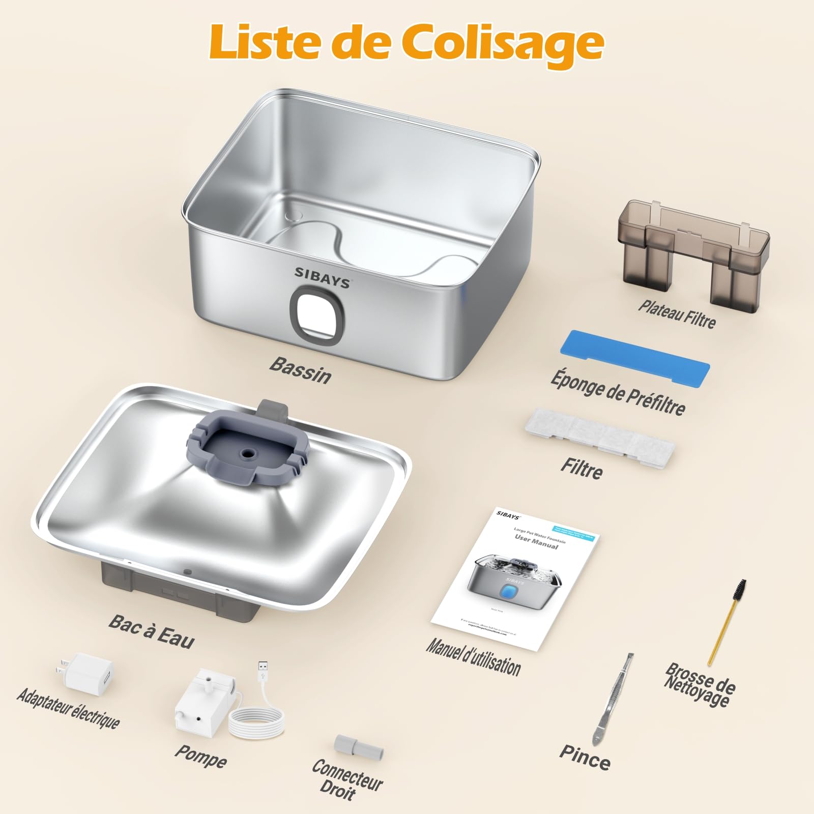 Sibays Fontaine a Eau Chat INOX, 15L Grande Fontaine a Eau Chien avec Zone de Boisson Plus Large, Super Silencieuse Fontaine à Eau pour Chat avec LED & Filtre, Adieu aux Remplissages Fréquents, FS76