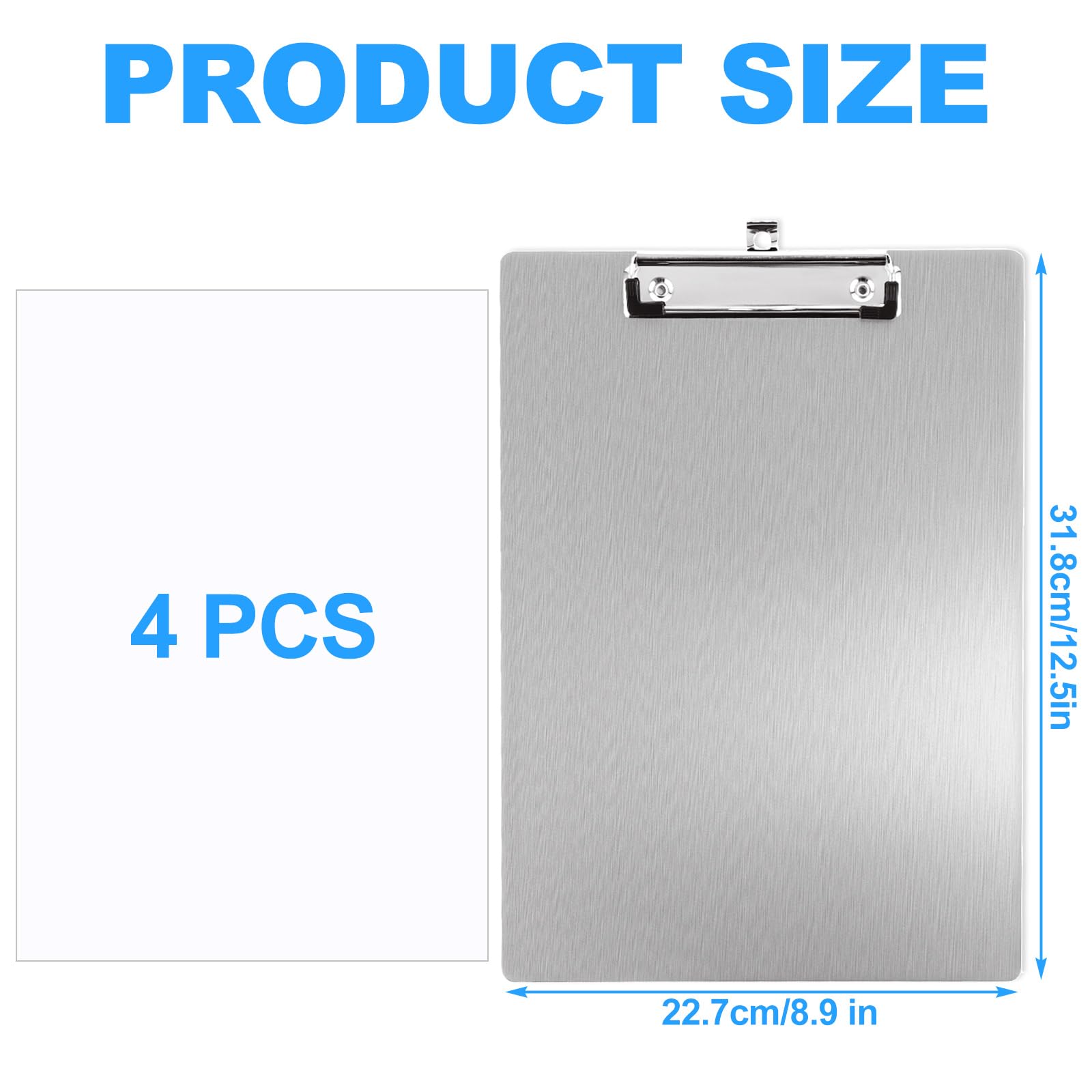 CYEER Confezione da 4 portablocco in alluminio A4, portablocco in metallo con clip resistente, per ufficio, magazzino, ospedale, portablocco in metallo argentato, formato A4, per officina e scuola