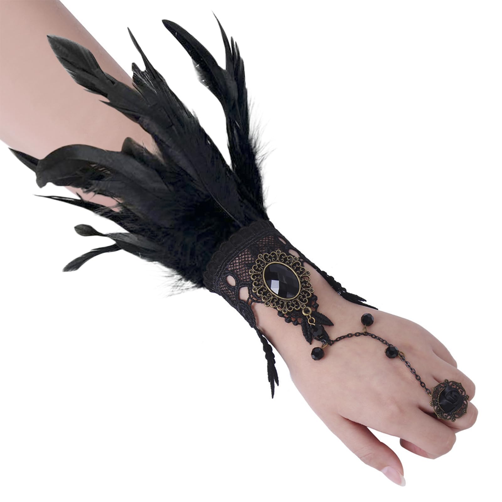 1 Pair Gothic Feather Wrist Cuffs Punk Carnival Dyed Rooster Feather Gloves Fancy Dress Cosplay Halloween Costume Witch Demon Crow Gloves - Image 2