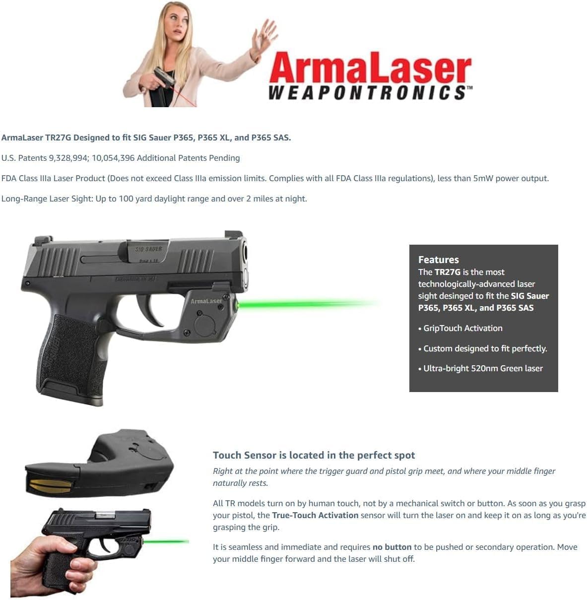 Laser Kit for SIG Sauer® SAS, P365, P365X & P365 XL w/Laser PRO Tactical Holster, Touch-Activated ArmaLaser TR27GS / TR27G / TR27-G Green Laser Sight [Does NOT fit X-Macro or AXG Legion]