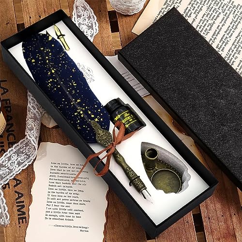 Image of Luxury Feather Quill Dip Pen Set with Stand & Blue Ink - Vintage Calligraphy Writing Kit with 2 Extra Nibs - Elegant Signature Pen Gift for Kids, Writers & Artists (Ink Feather Pen Blue)