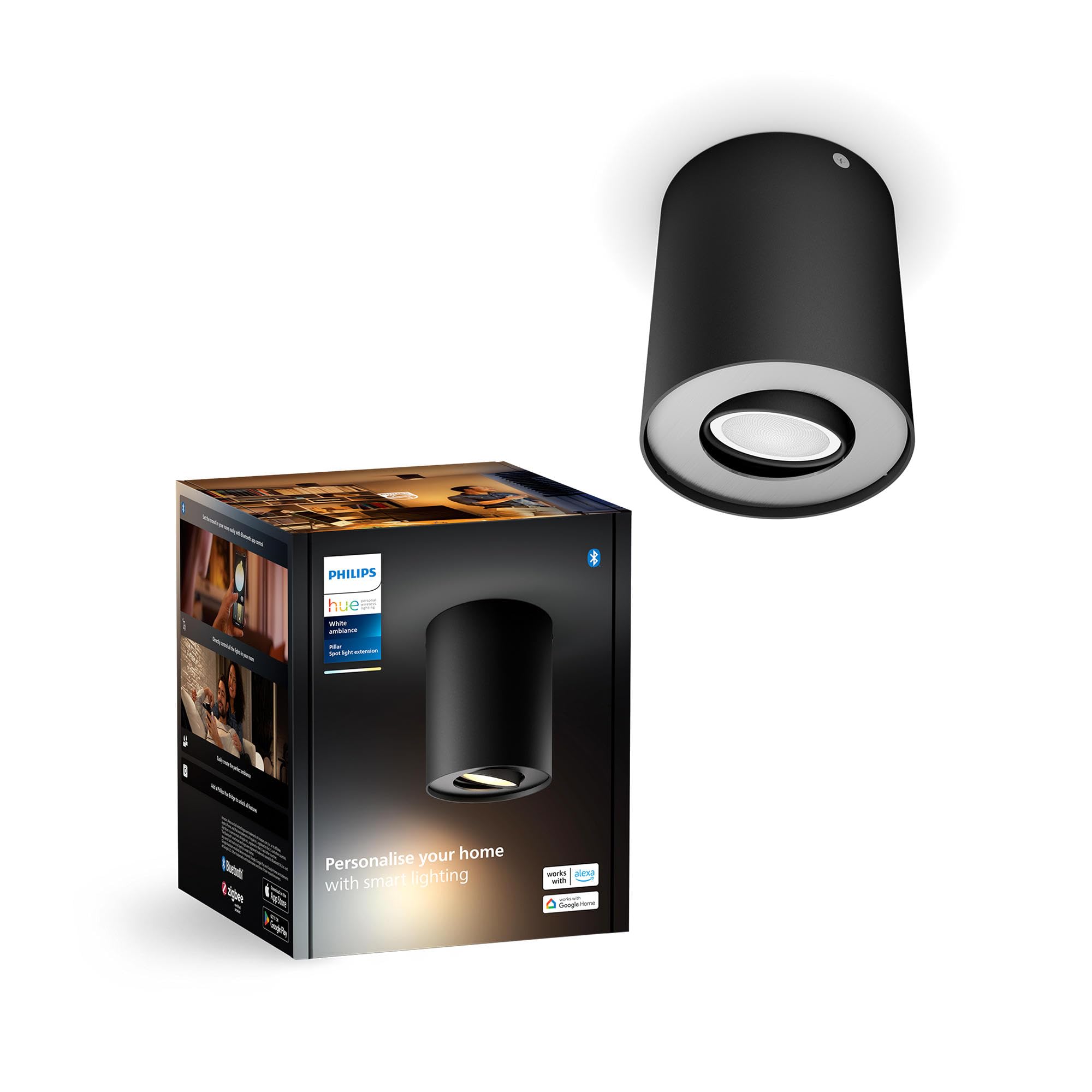 Philips Hue Pillar Foco de Techo LED Orientable Inteligente, Luz Blanca de Cálida a Fría, Regulable, Bombilla LED GU10, Control por App y Voz, Compatible con Alexa y Google Home, Color Negro