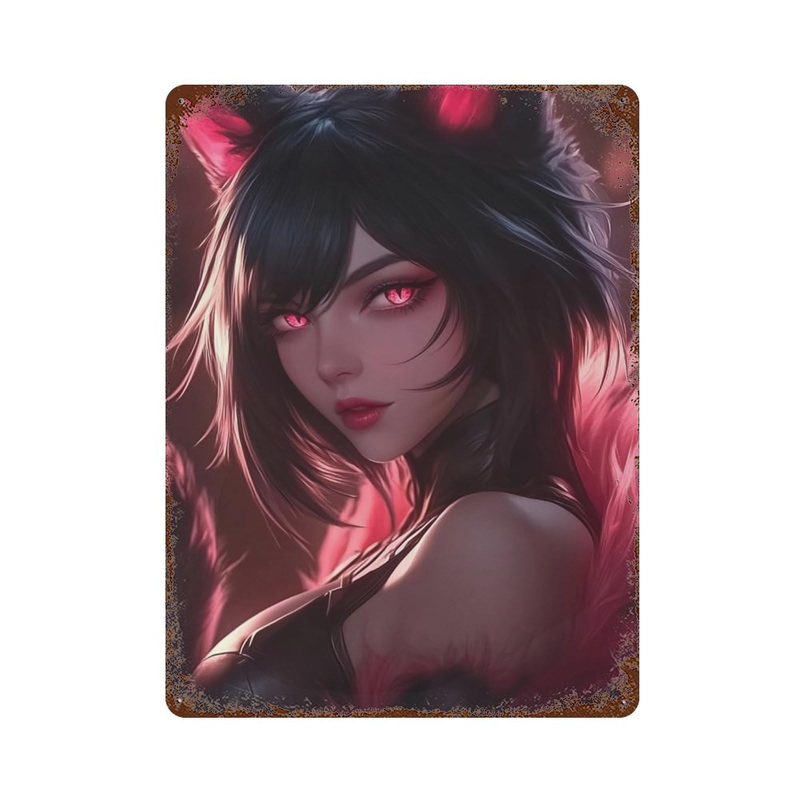 Rusty Metal Tin Sign with Fox Girl with Red Eyes Design 15.7"x11.8", for Farmhouse, Kitchen And Entryway Decor, Rustic Home Decor