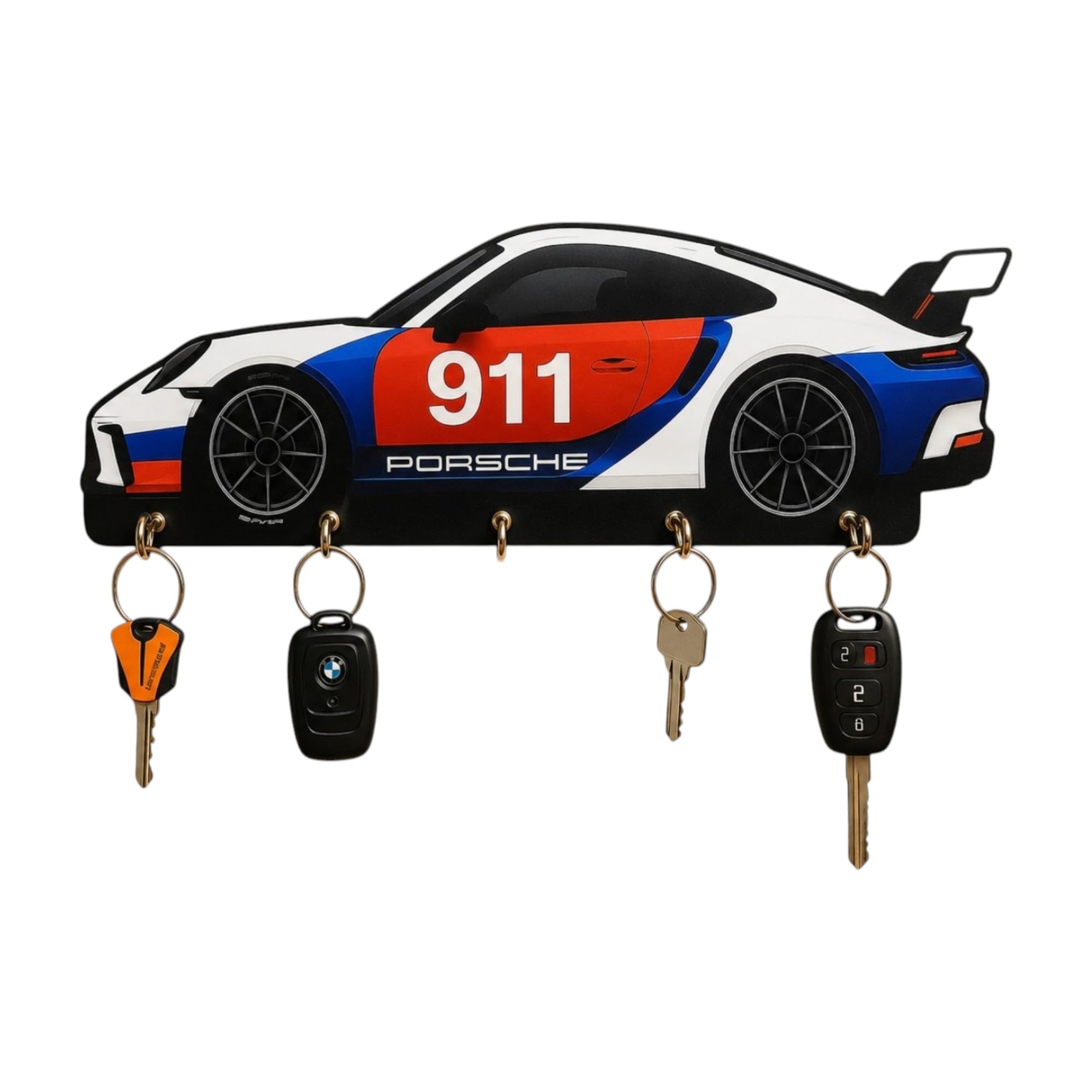 Sports Car Shaped Wall-Mounted Key Holder, MDF Wood, 5 Metal Hooks, UV Printed Racing Design, for Home and Office-image-41