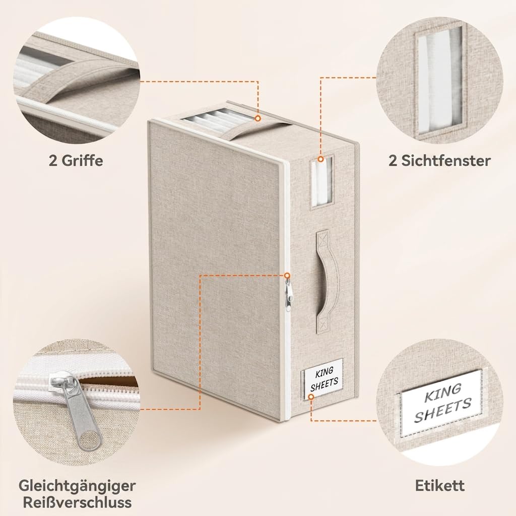 Lifewit 6 Stück Faltbare Aufbewahrungstasche für Bettwäsche, Aufbewahrungsbox mit 2 Sichtfenstern und 1 Etikett, 40 × 30 × 15 cm Organizer für Bettbezüge, Decken (Beige)
