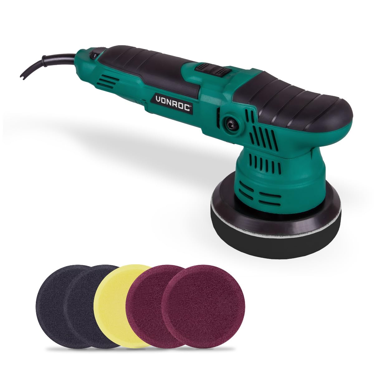 VONROC Pulidora de doble acción 650W - Ø125mm - Arranque suave - Potencia constante - Incluye 7 almohadillas de pulido