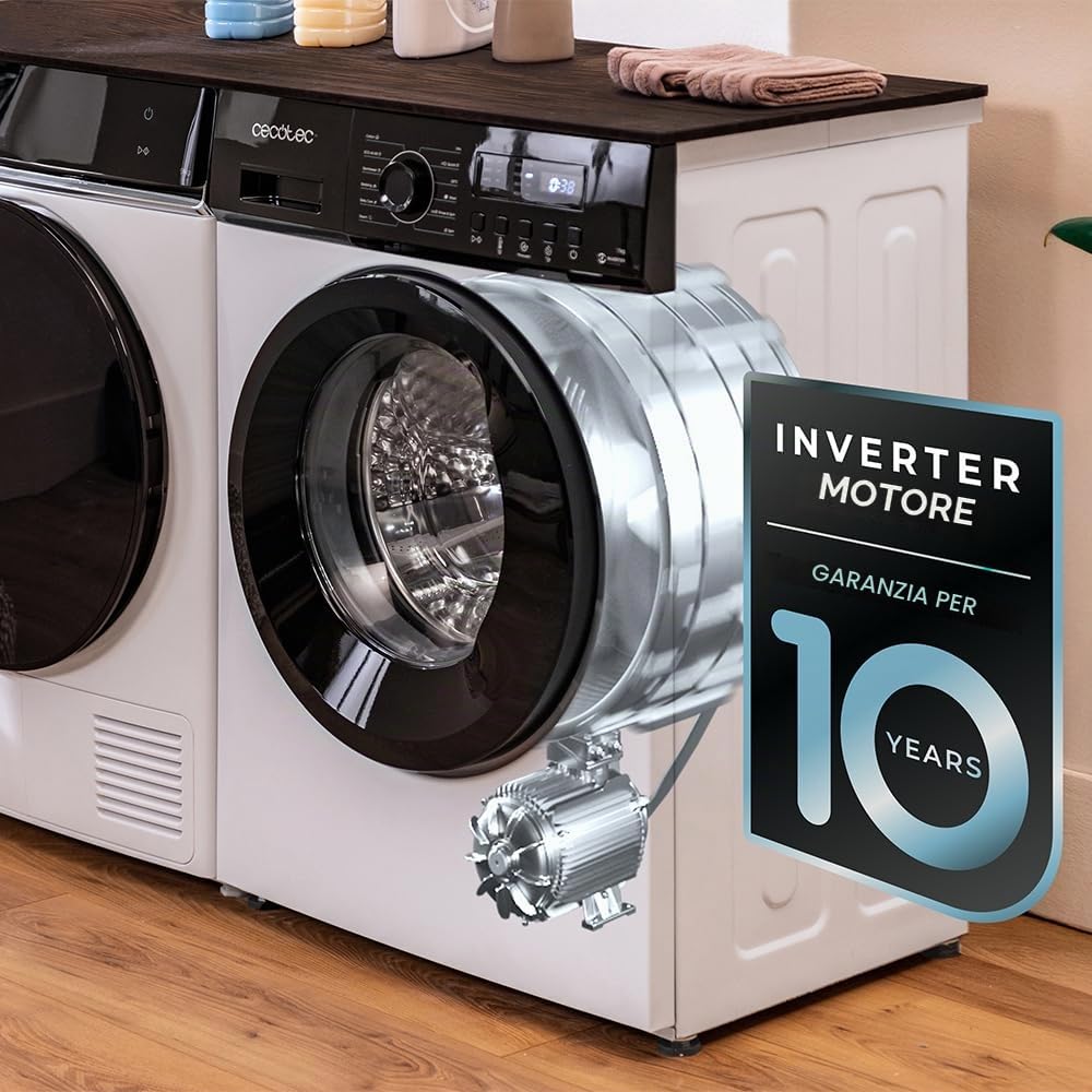 Cecotec Lavatrice 9K Carico Frontale Bolero DressCode 9155 Inverter. Classe A, 1400RPM, 12 Programmi, Inverter Plus, Basso Consumo, Steam Max, Drum Clean, Delay Start, PreWash, Pannello Controllo LED