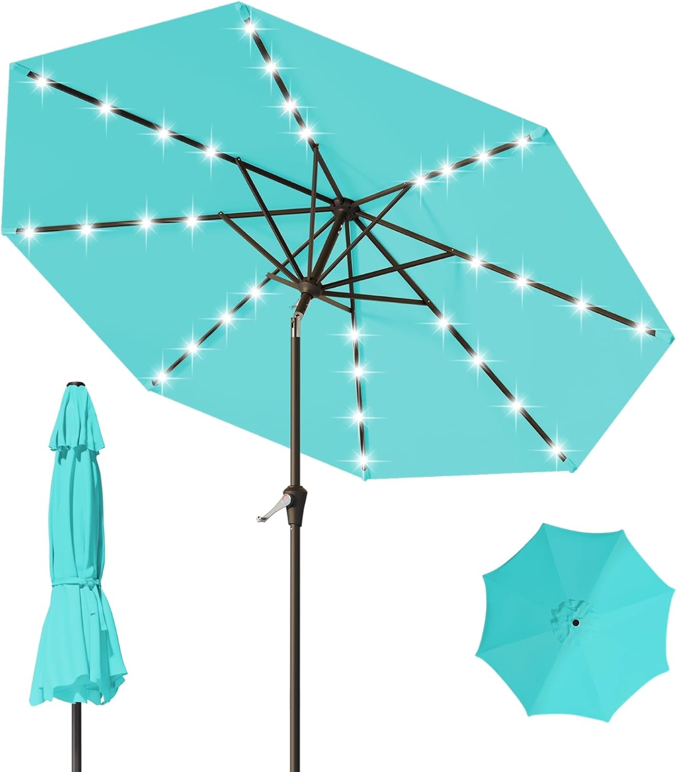 9FT Patio Umbrella with Solar Lights,Outdoor Market Umbrella with Tilt and Crank, LED Lighted Table Umbrella for Garden,Deck,Backyard,Pool,Beach(Peacock Blue) Peacock Blue 9FT