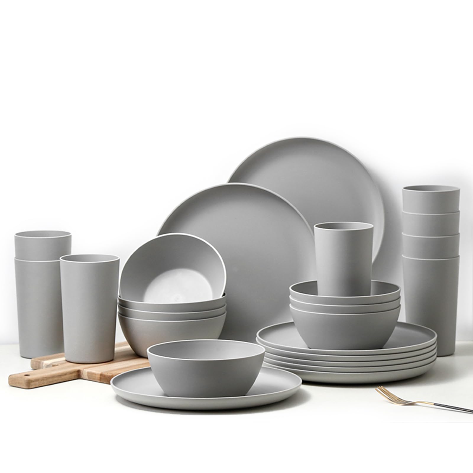 24 Piece Dinnerware Set, Unbreakable Plastic Plates Bowls Cups Set, BPA Free Reusable Tableware for Camping, Picnic, Home, Kitchen, Dishwasher Safe (Grey) — image 1