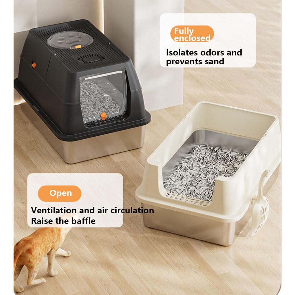 Arenero Acero Inoxidable Gatos con Tapa Extraíble, Arenero Gato con Pala y Escalones, Apto Tanto Abierto como Cerrado, Fácil de Limpiar, Resistente a Olores, para Mayoría de Los Gatos