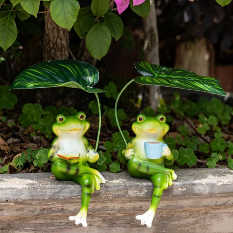 Miniatura 7 de Adorable estatua de jardín de animales con paraguas  Encantadora decoración al aire libre para patio, patio o jardín (café de rana)