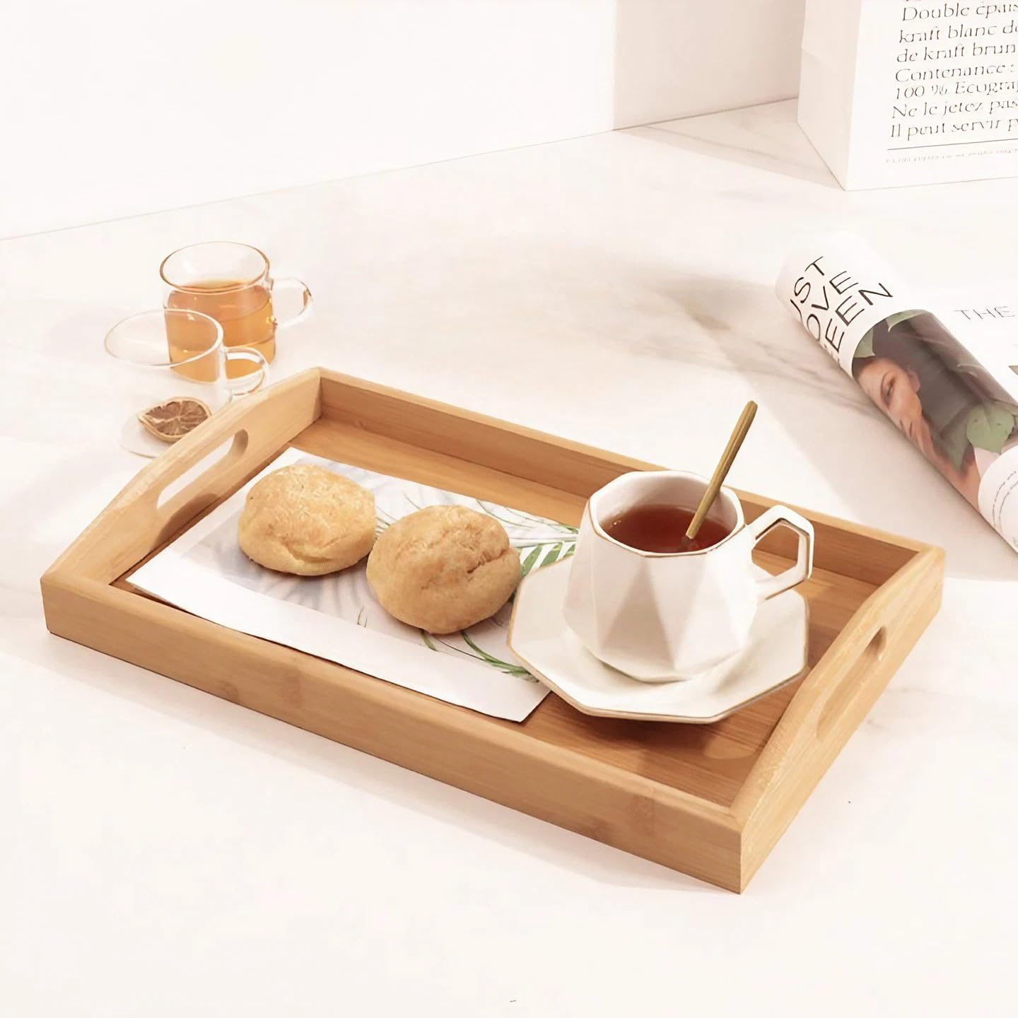 Bamboo Serving Tray with Handles - 30x20x5 cm | Wooden Trays for Food Serving Ideal for Breakfast, Dinner, Snacks, Tea, Coffee | Durable & Lightweight Decorative Living Room & Bathroom Tray