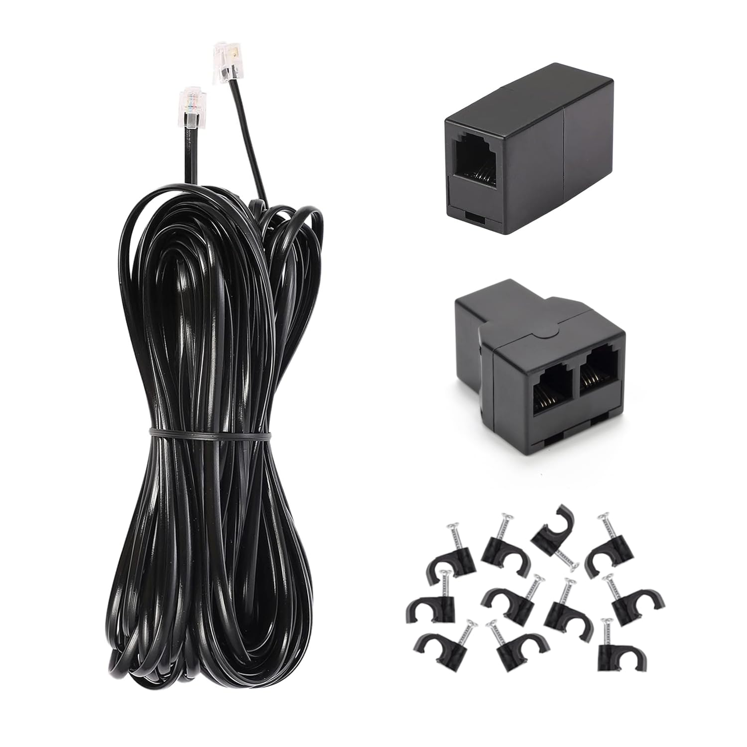 Long Telephone Extension Cord 50FT, Black, Phone Cable Line Wire with Standard RJ11 Plug, 1 Phone Line Splitter, 1 in-line Coupler and 35 Cable Clip Holders for Telephone Calling Communication