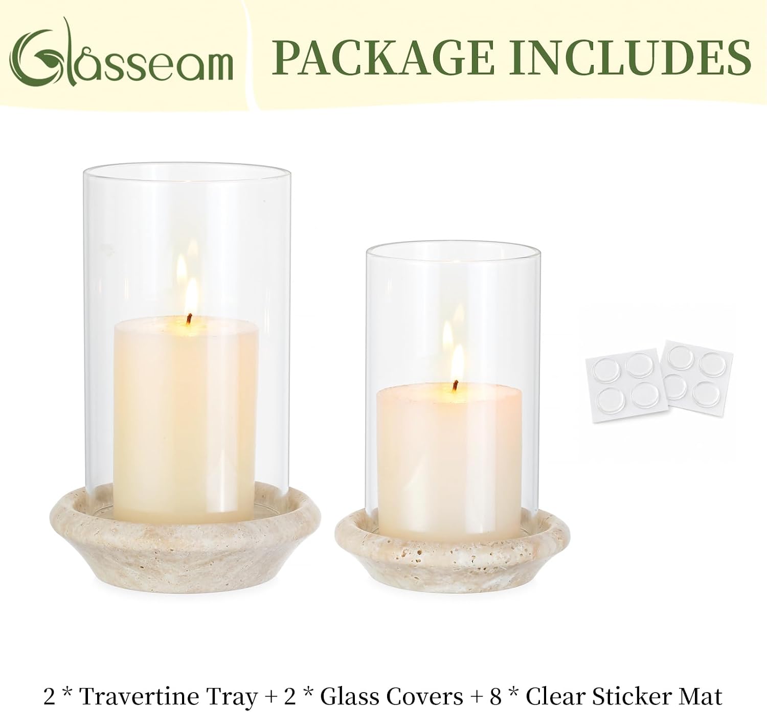 Glasseam Hurricane Candle Holder 2 Pcs Travertine Tray & 3mm Glass Cylinder