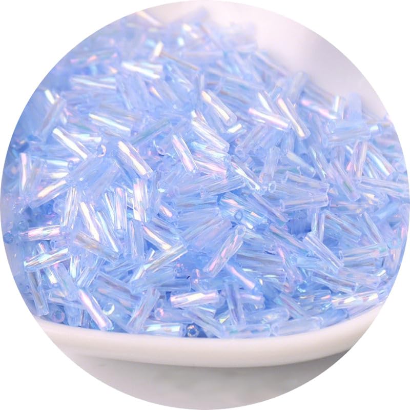 2 Packs 720pcs Iridescent Glass Twisted Bugle Beads 2x6mm Tube Loose Spacer Beads for Craft DIY Beading,Light Blue